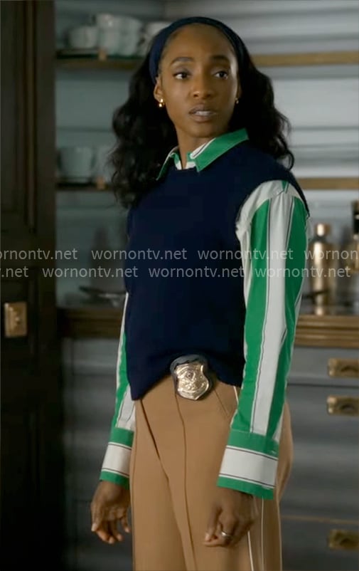 Faith's green striped shirt and camel pants on Will Trent