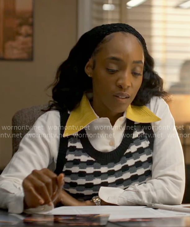 Faith's white shirt with yellow collar and black and white sweater vest on Will Trent