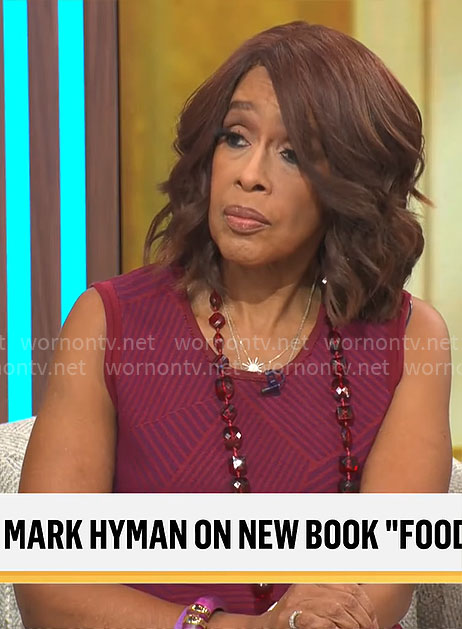 Gayle King's burgundy mixed stripe dress on CBS Mornings