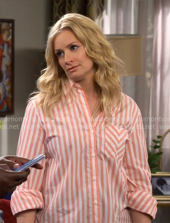 Gemma's coral pink striped shirt on The Neighborhood