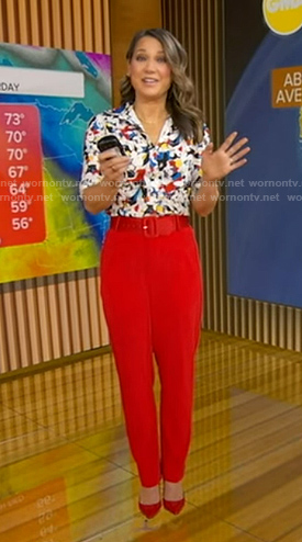 Ginger's printed button down shirt and red belted pants on Good Morning America
