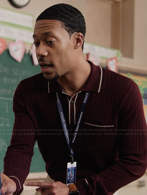 Gregory's burgundy ribbed cardigan on Abbott Elementary