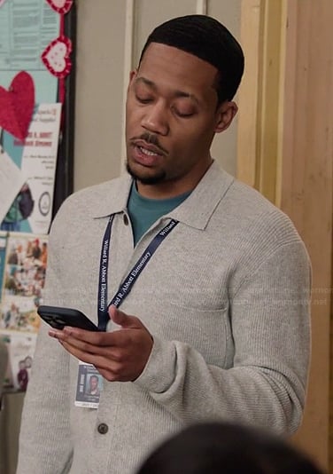 Gregory's gray ribbed cardigan on Abbott Elementary