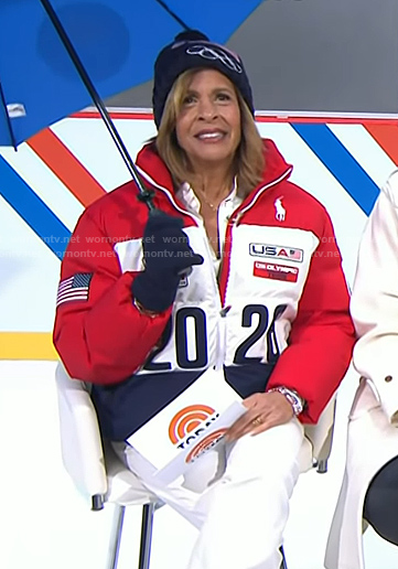 Hoda's red, white and navy puffer jacket on Today