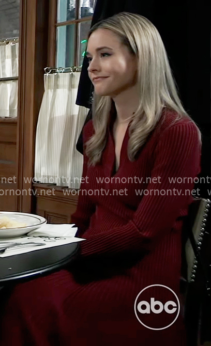 Jacinda's dark red rib knit dress on General Hospital
