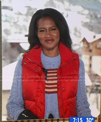 Janai's blue American flag cable knit sweater on Good Morning America