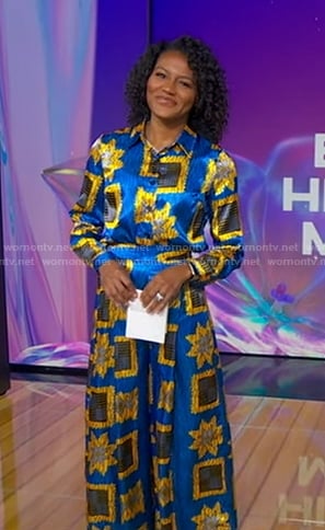 Janai's blue printed shirt and pants on Good Morning America