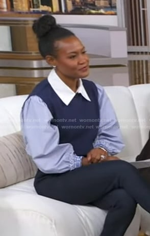 Janai's navy stripe mixed media top on Good Morning America