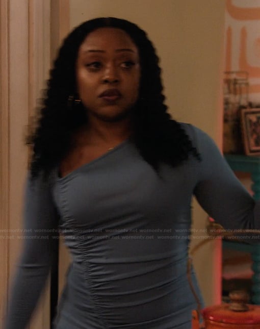 Janine's blue ruched front dress on Abbott Elementary