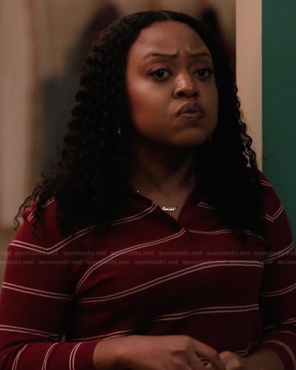 Janine's red striped polo sweater on Abbott Elementary