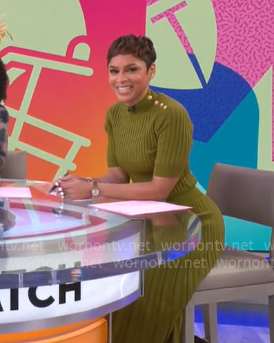 Jericka Duncan's green button-shoulder dress on CBS Mornings
