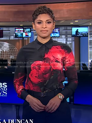Jericka's black rose print shirt on CBS Evening News