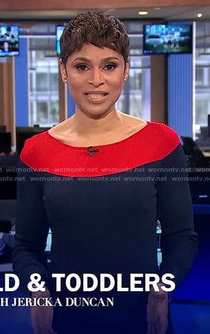 Jericka's navy and red colorblock ribbed dress on CBS Evening News