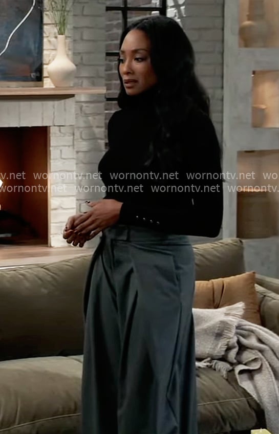 Jordan's black turtleneck and grey plated pants on General Hospital