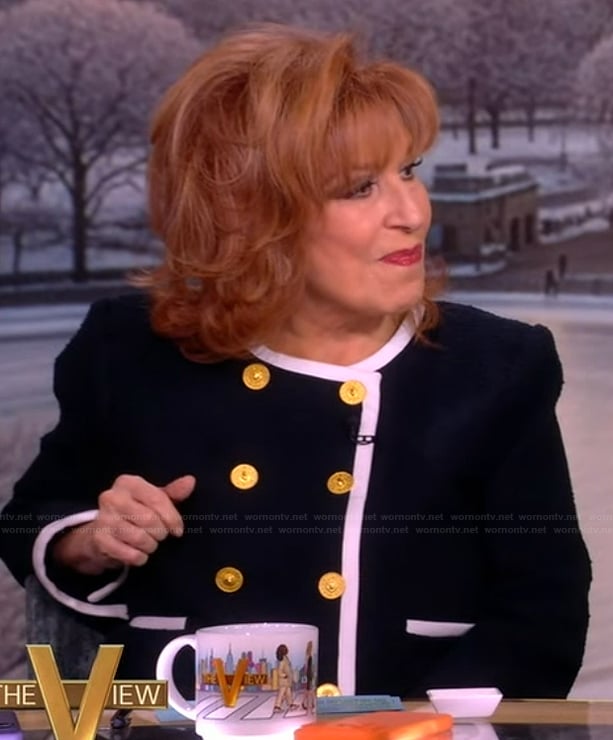 Joy's black double breasted contrast jacket on The View