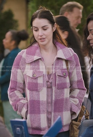 Jules' pink plaid zip front jacket on Greys Anatomy