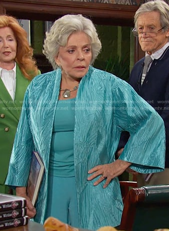 Julie's aqua pleated jacket on Days of our Lives