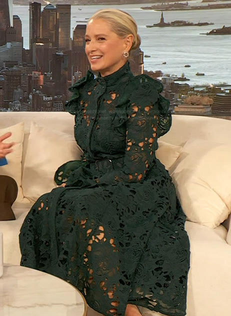 Katherine LaNasa's teal belted lace dress on The Drew Barrymore Show