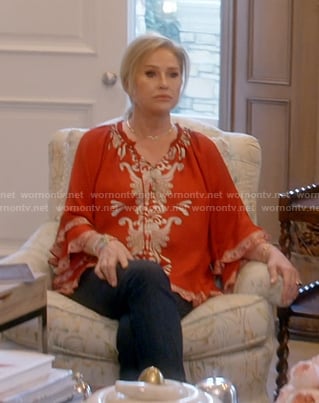 Kathy's red print blouse on The Real Housewives of Beverly Hills