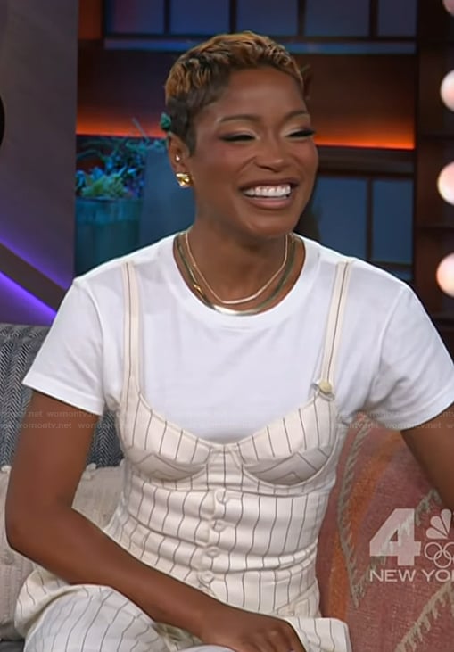 Kiki Palmer's white pinstripe corset top and pants on The Kelly Clarkson Show