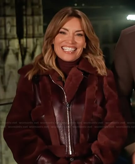 Kit's burgundy leather fur trim jacket on Access Hollywood