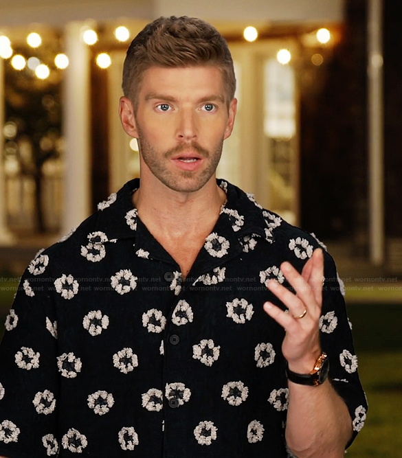 Kyle Cook's black floral confessional shirt on Summer House