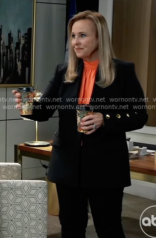 Laura's black blazer with button sleeves on General Hospital