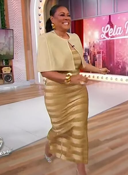 Lela Rochon's gold metallic stripe dress on Sherri