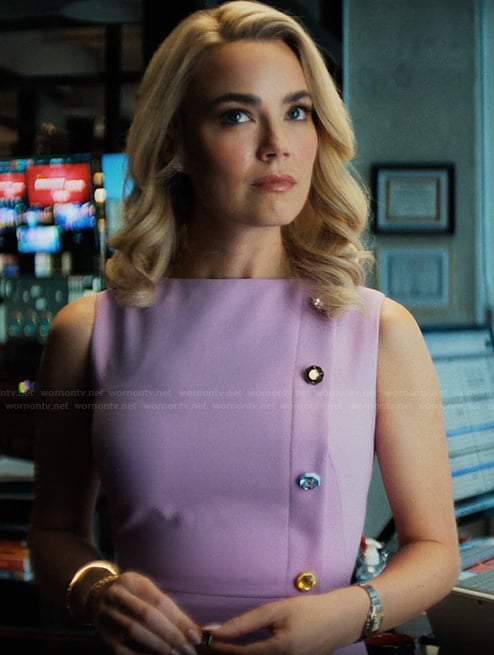 Lexy's purple sleeveless button detail sheath dress on His & Hers