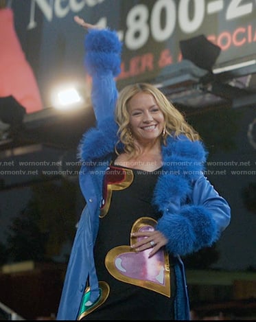 Loran's black heart print dress and blue feather trim trench coat on The Lincoln Lawyer