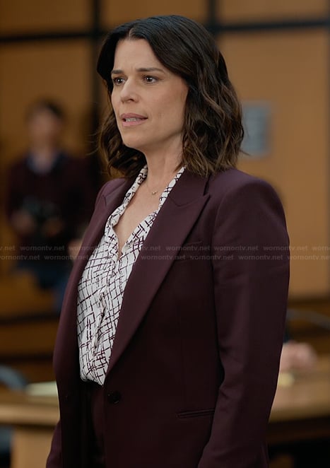 Maggie's burgundy suit and printed blouse on The Lincoln Lawyer