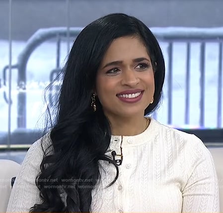 Maya Shankar's white pointelle cardigan on Today