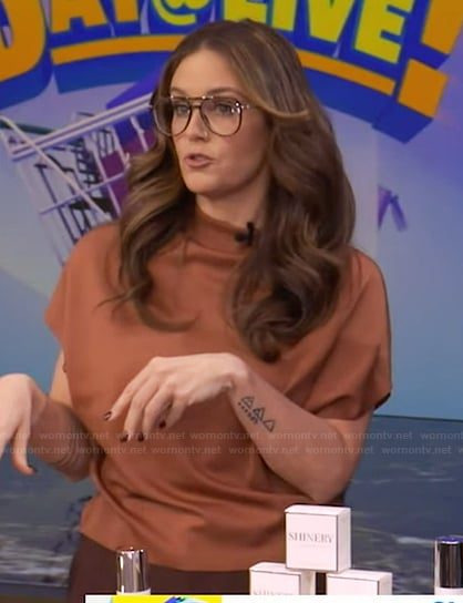 Monica's brown satin drape top on Live with Kelly and Mark