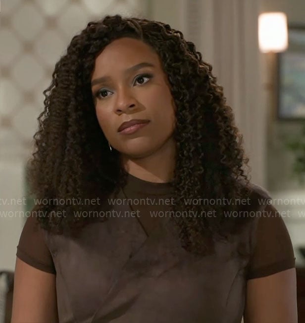Naomi's brown suede wrap top on Beyond the Gates