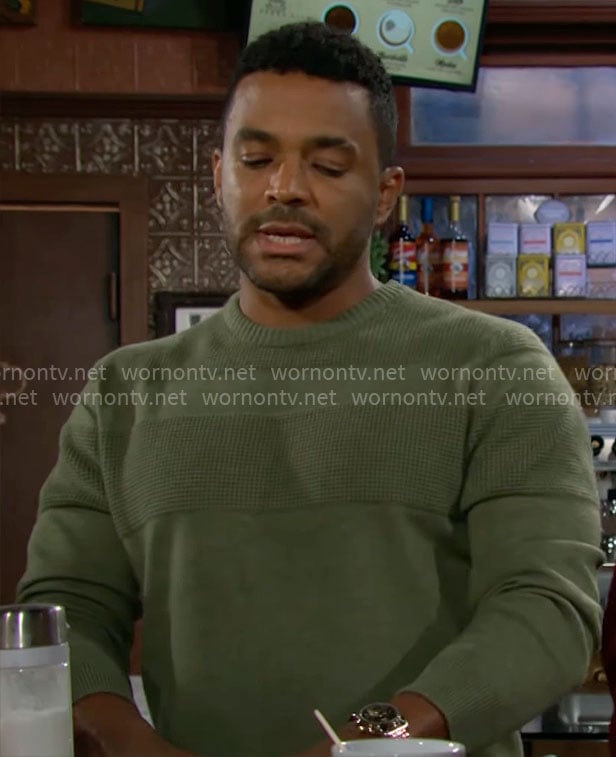 Nate's green textured stripe sweater on The Young and the Restless