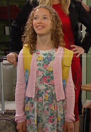 Rachel's floral dress and pink cable knit cardigan on Days of our Lives