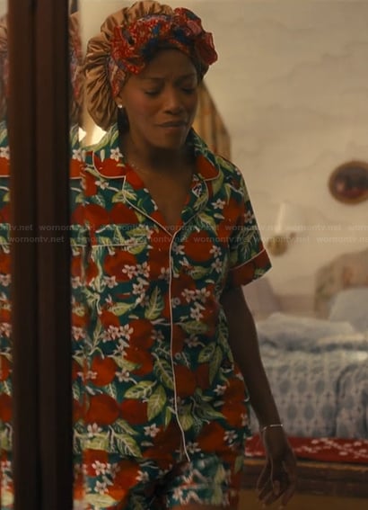 Samira's apple print pajamas on The Burbs