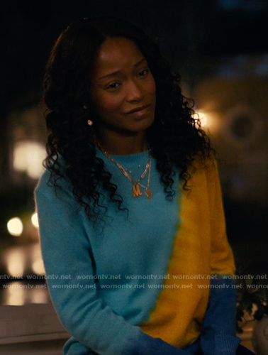 Samira's blue and yellow tie dye sweater on The Burbs