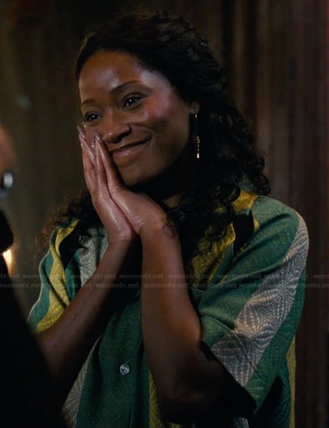 Samira's green stripe button down shirt on The Burbs