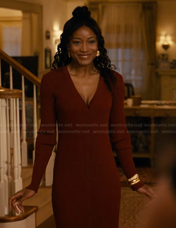 Samira's maroon rib knit dress on The Burbs