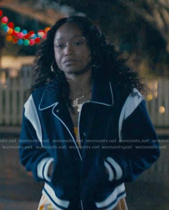Samira's navy panelled bomber jacket on The Burbs