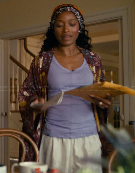 Samira's purple floral print kimono on The Burbs