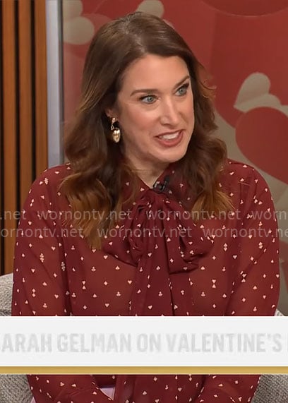 Sarah Gelman's red printed tie-neck blouse on CBS Mornings