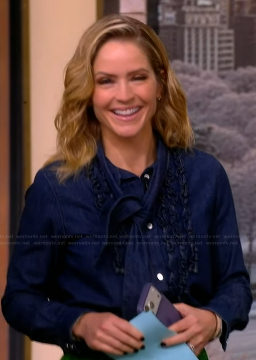 Sara's denim ruffle shirt and skirt on The View