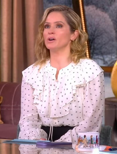 Sara's white printed ruffle blouse on The View