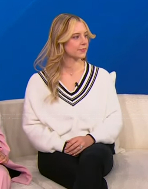 Savannah's white varsity sweater on Tamron Hall Show