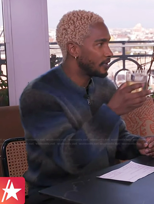 Scott's blue striped fuzzy cardigan on Access Hollywood