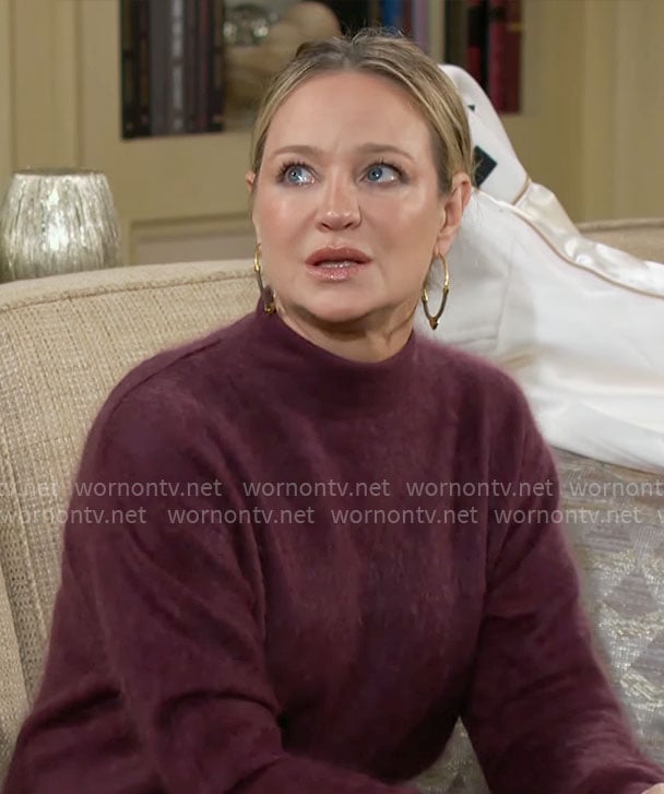 Sharon's plum purple fluffy sweater on The Young and the Restless