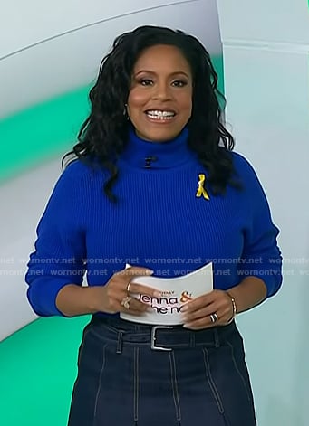 Sheinelle's blue turtleneck sweater and denim pleated skirt on Today