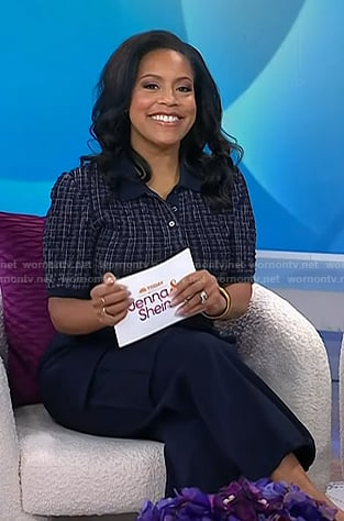 Sheinelle's navy plaid polo top and cargo pants on Today